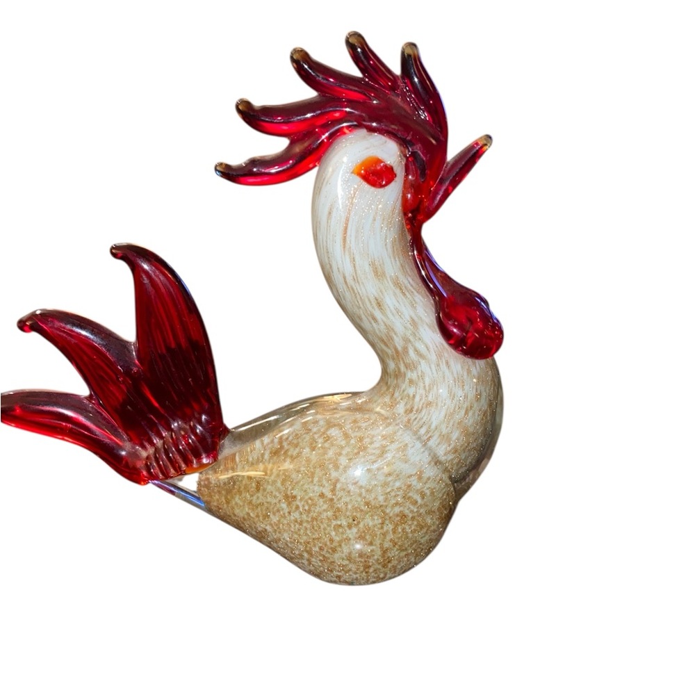 Murano handblown art glass rooster figurine speckled tan gold confetti glass red